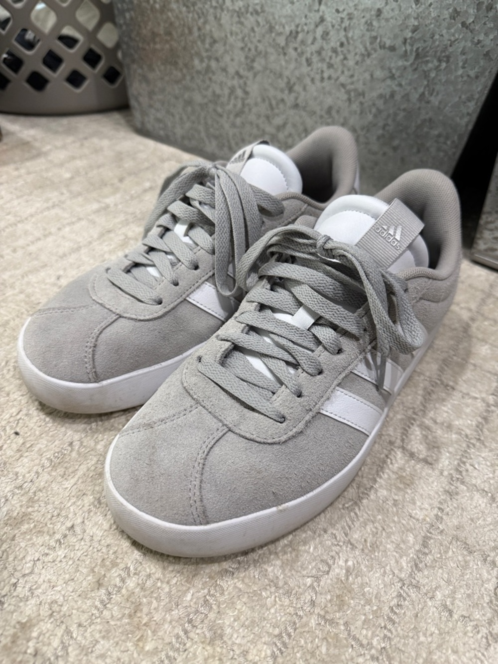 adidas Grey Suede Low-Top Sneakers with White Stripes